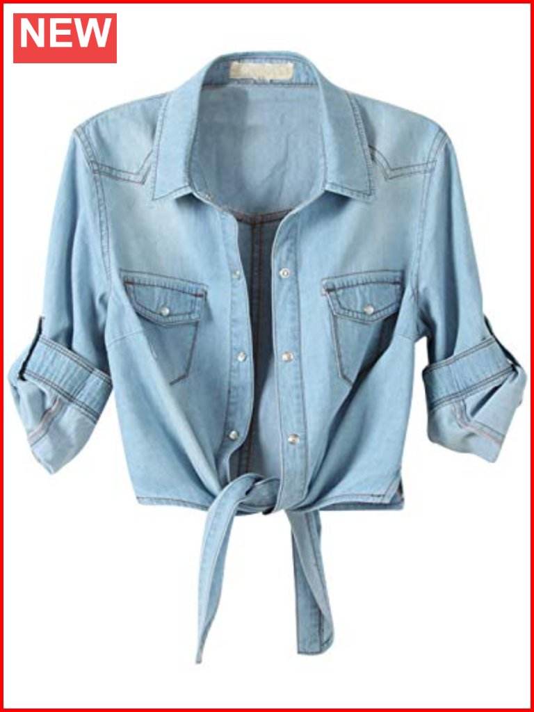 Chambray Crop Top - 3/4 Roll Tab Sleeve Tie Front Button Down Blouse